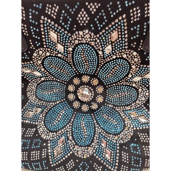 Boho Flower Blue Rhinestone Covered Floral Pattern Handbag Purse - Picture 8 of 9